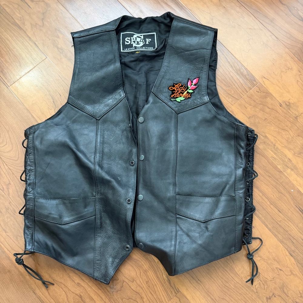 Vintage Harley Davidson Style Vest Women's Size 46 Black Leather Biker Lace Up‎